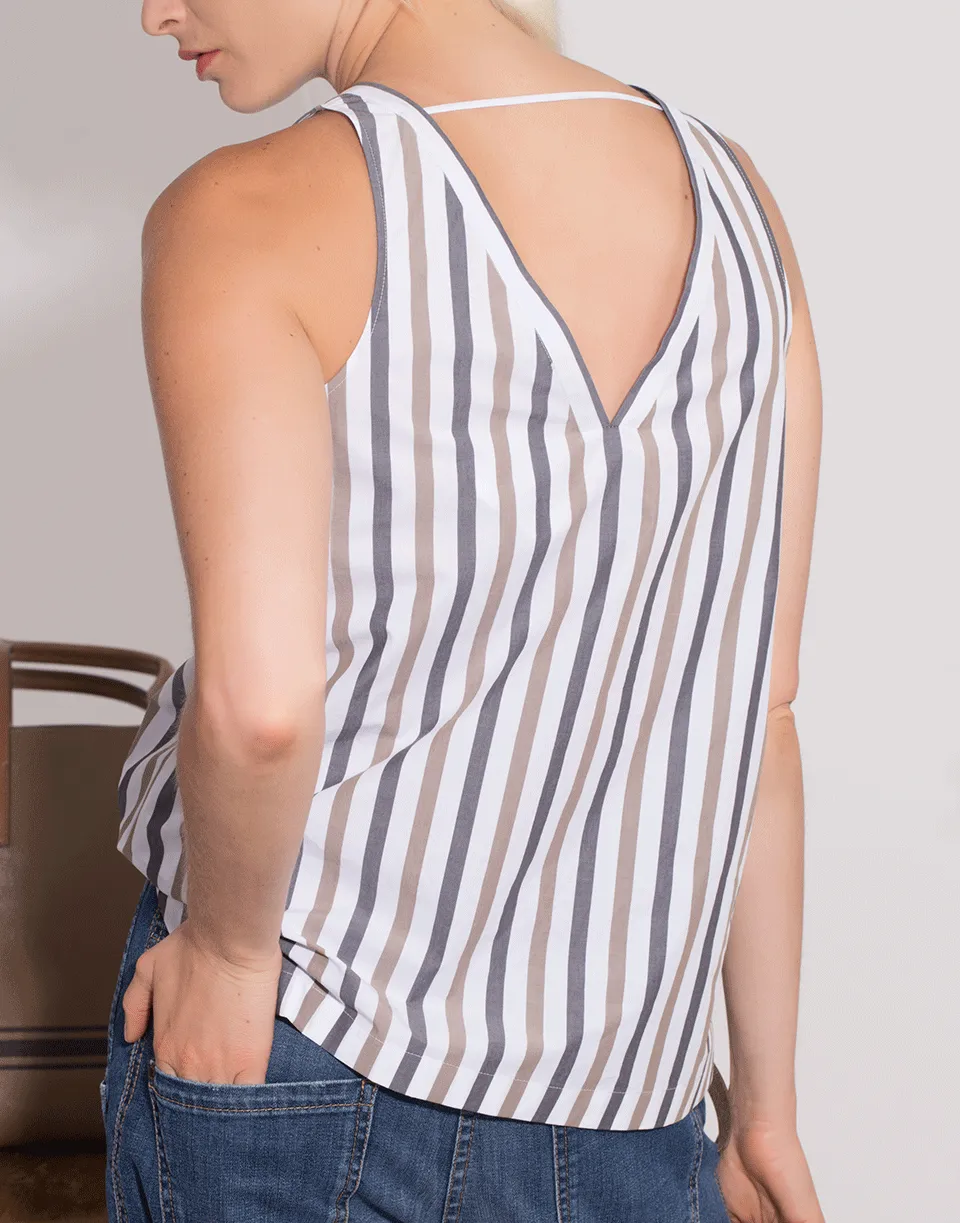 Cotton Poplin Stripe V-Neck Top