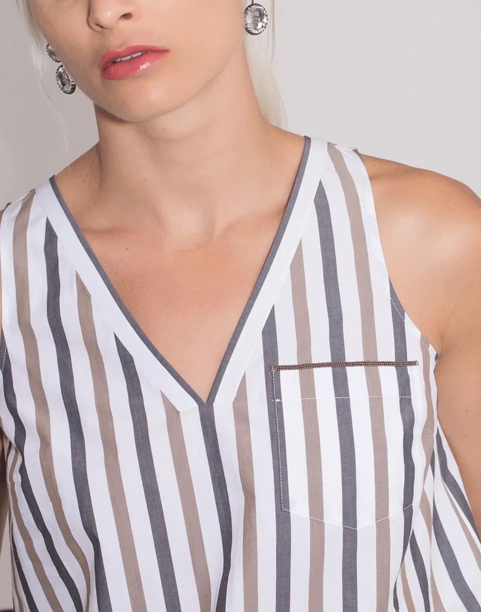 Cotton Poplin Stripe V-Neck Top