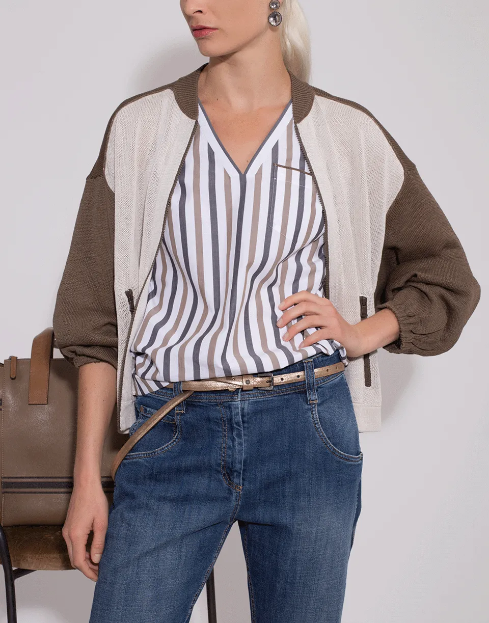 Cotton Poplin Stripe V-Neck Top