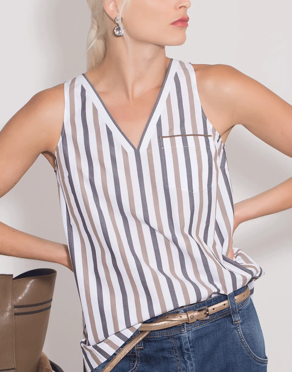 Cotton Poplin Stripe V-Neck Top