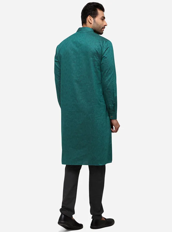 Dark Green Self Textured Regular Fit Modi Kurta | JadeBlue