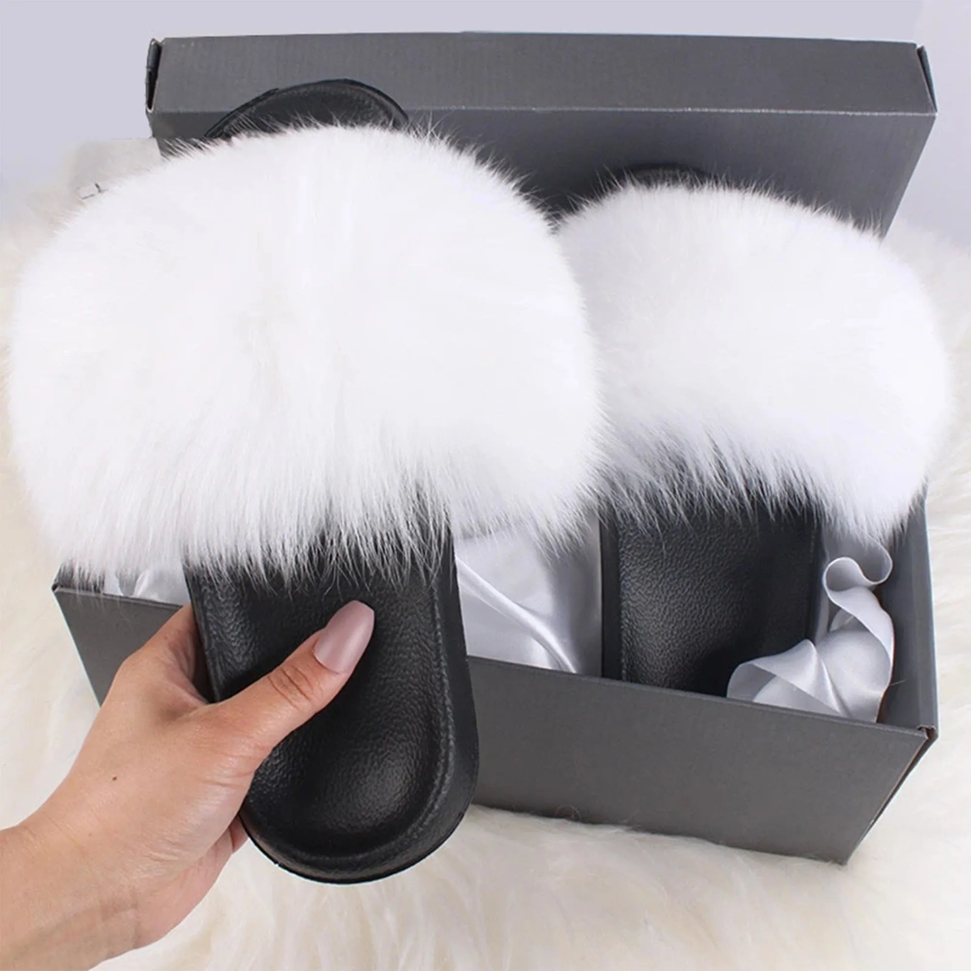 Ethel Anderson Fluffy Slippers Real FOX Fur Slides Indoor Flip Flops Casual Shoes Woman Raccoon Fur Sandals Vogue Plush Shoes