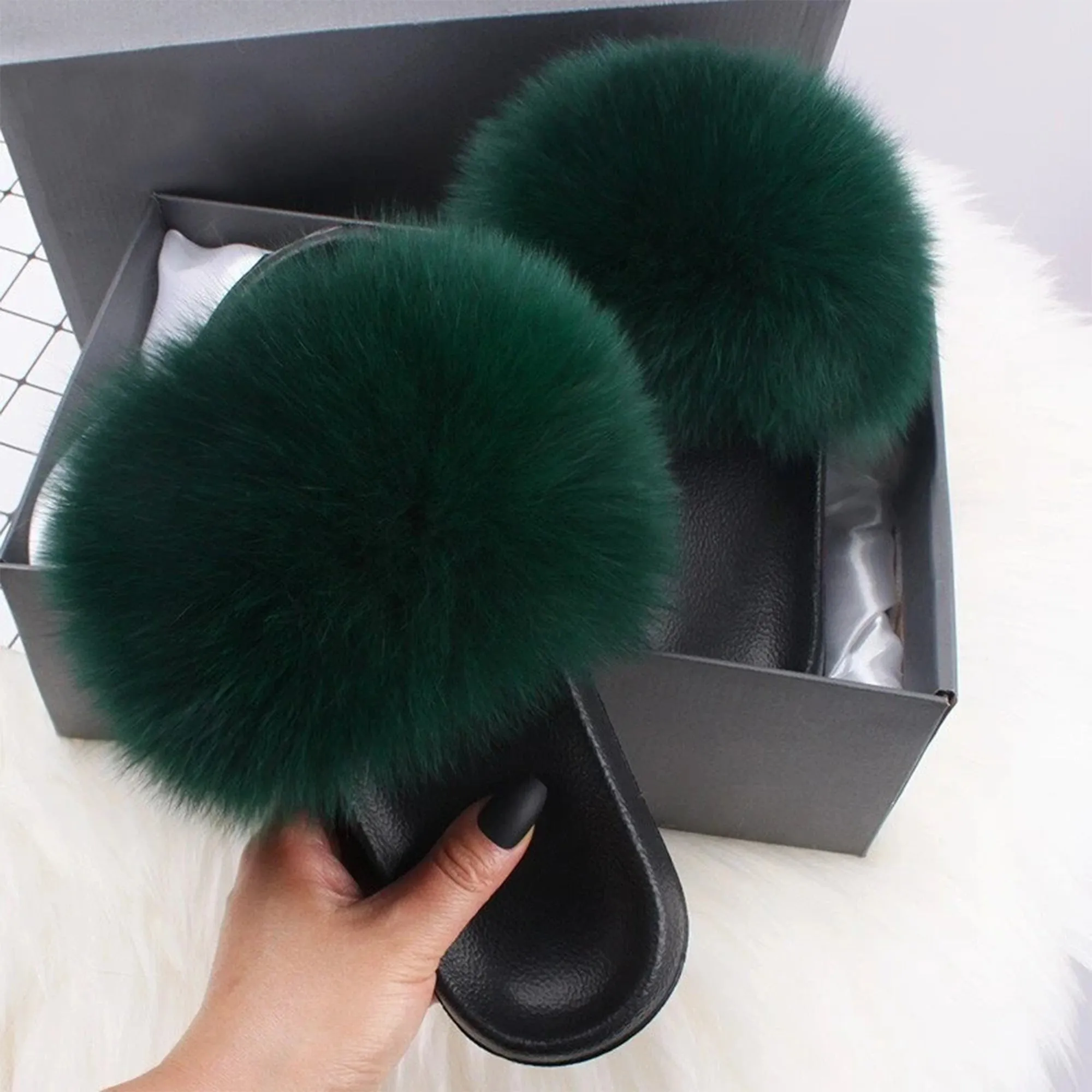 Ethel Anderson Fluffy Slippers Real FOX Fur Slides Indoor Flip Flops Casual Shoes Woman Raccoon Fur Sandals Vogue Plush Shoes