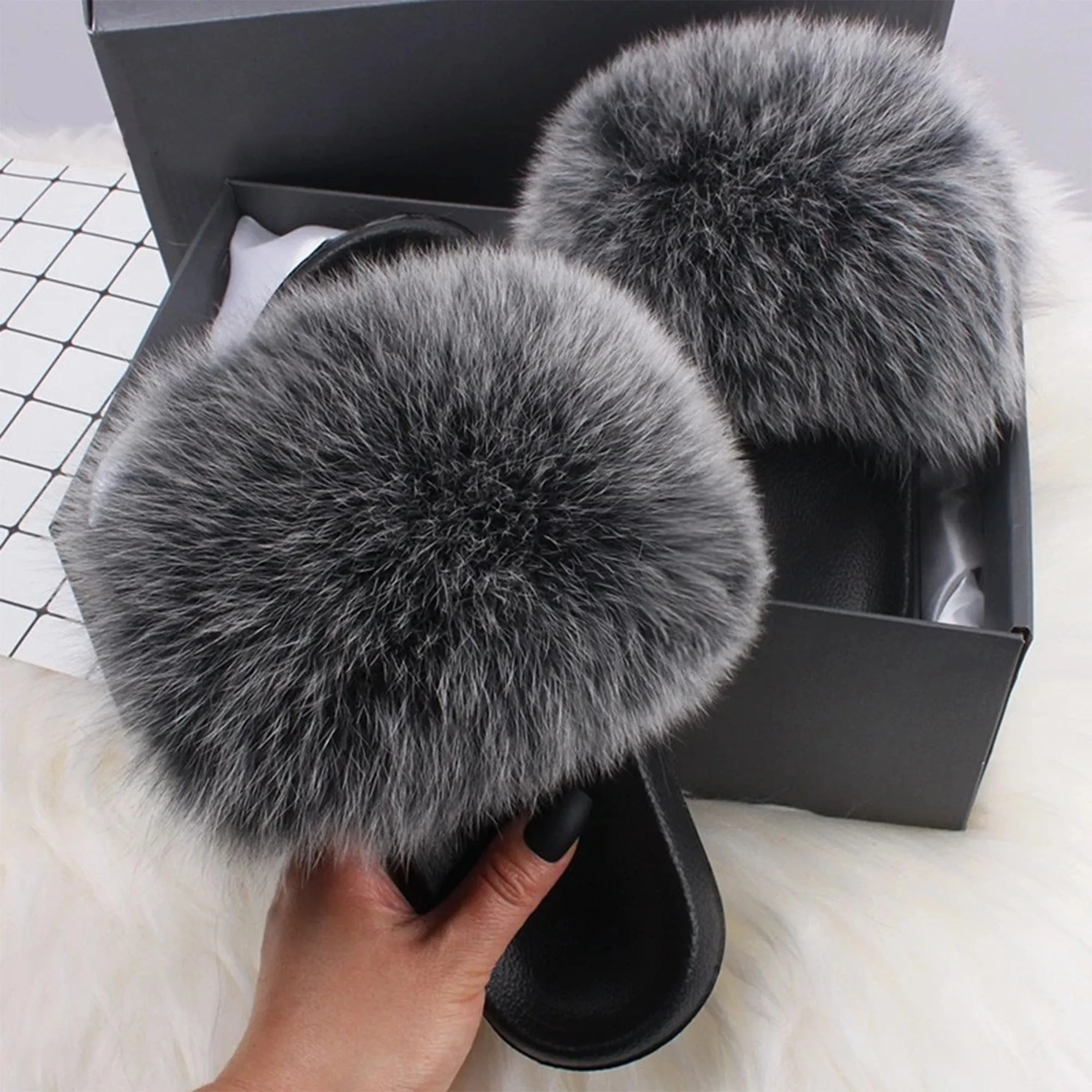 Ethel Anderson Fluffy Slippers Real FOX Fur Slides Indoor Flip Flops Casual Shoes Woman Raccoon Fur Sandals Vogue Plush Shoes