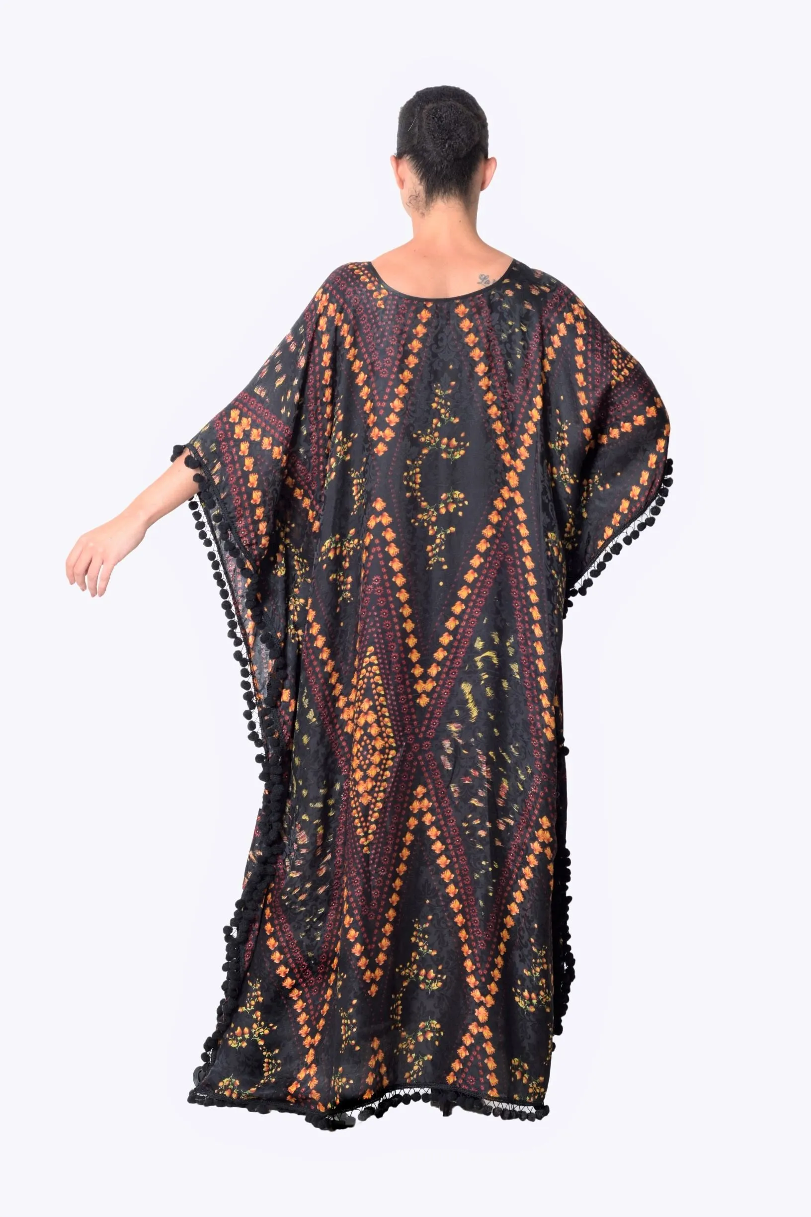 Farasha black geometric kaftan dress