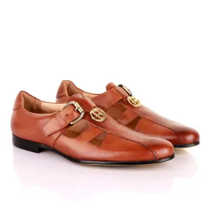 Gianfranco Butteri Brown Leather with Golden Logo Sandals