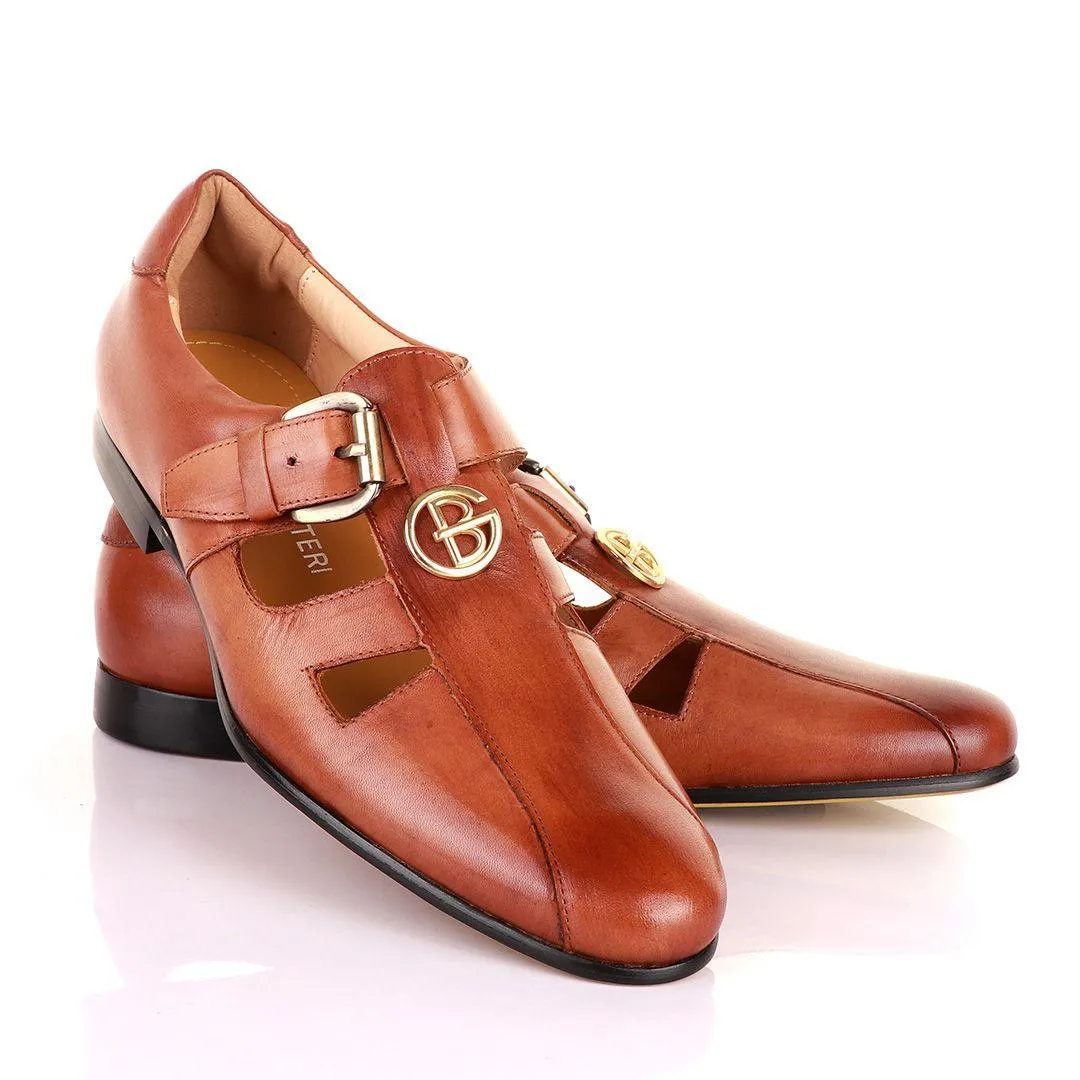 Gianfranco Butteri Brown Leather with Golden Logo Sandals