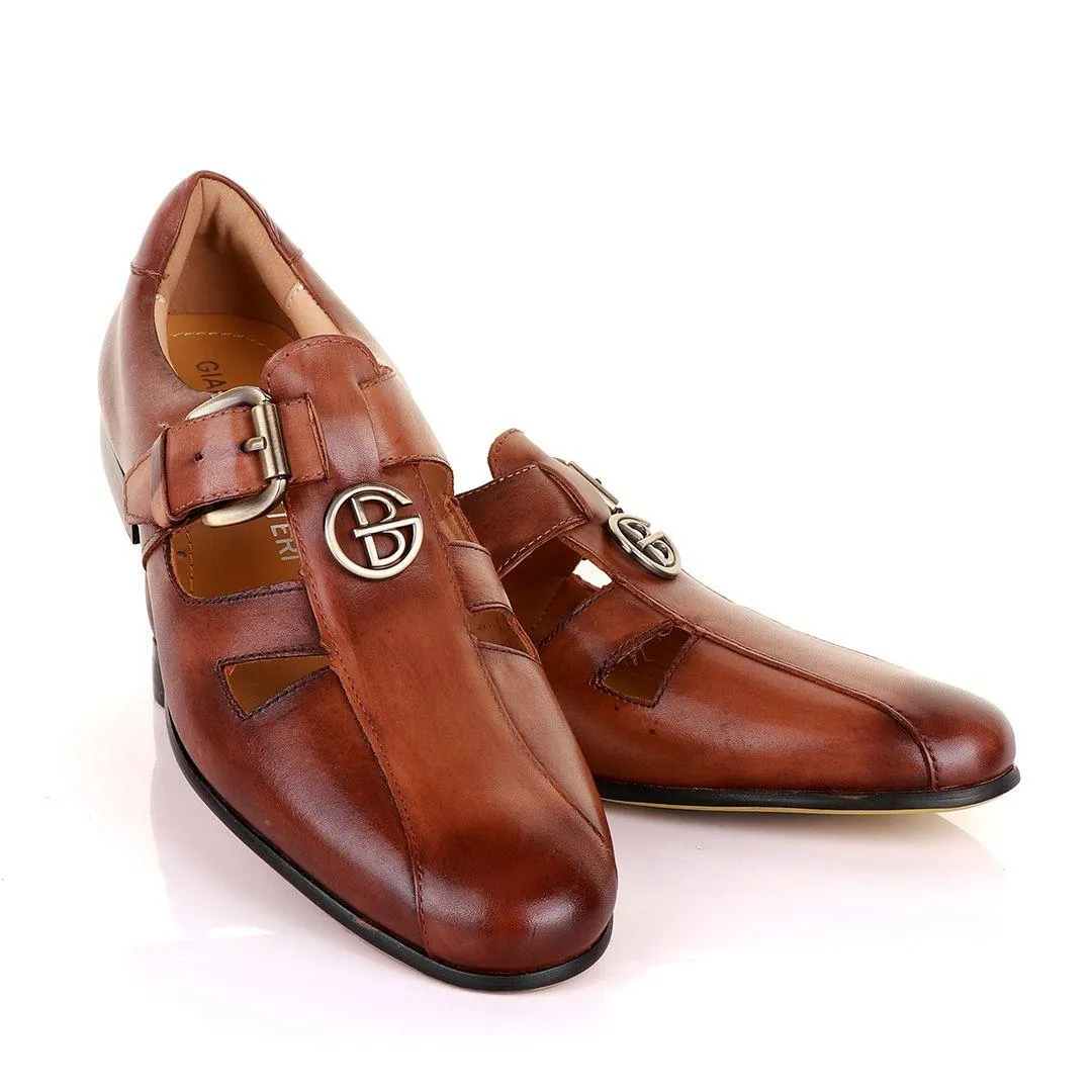 Gianfranco Butteri Coffee Brown Leather with Silver Logo Sandals