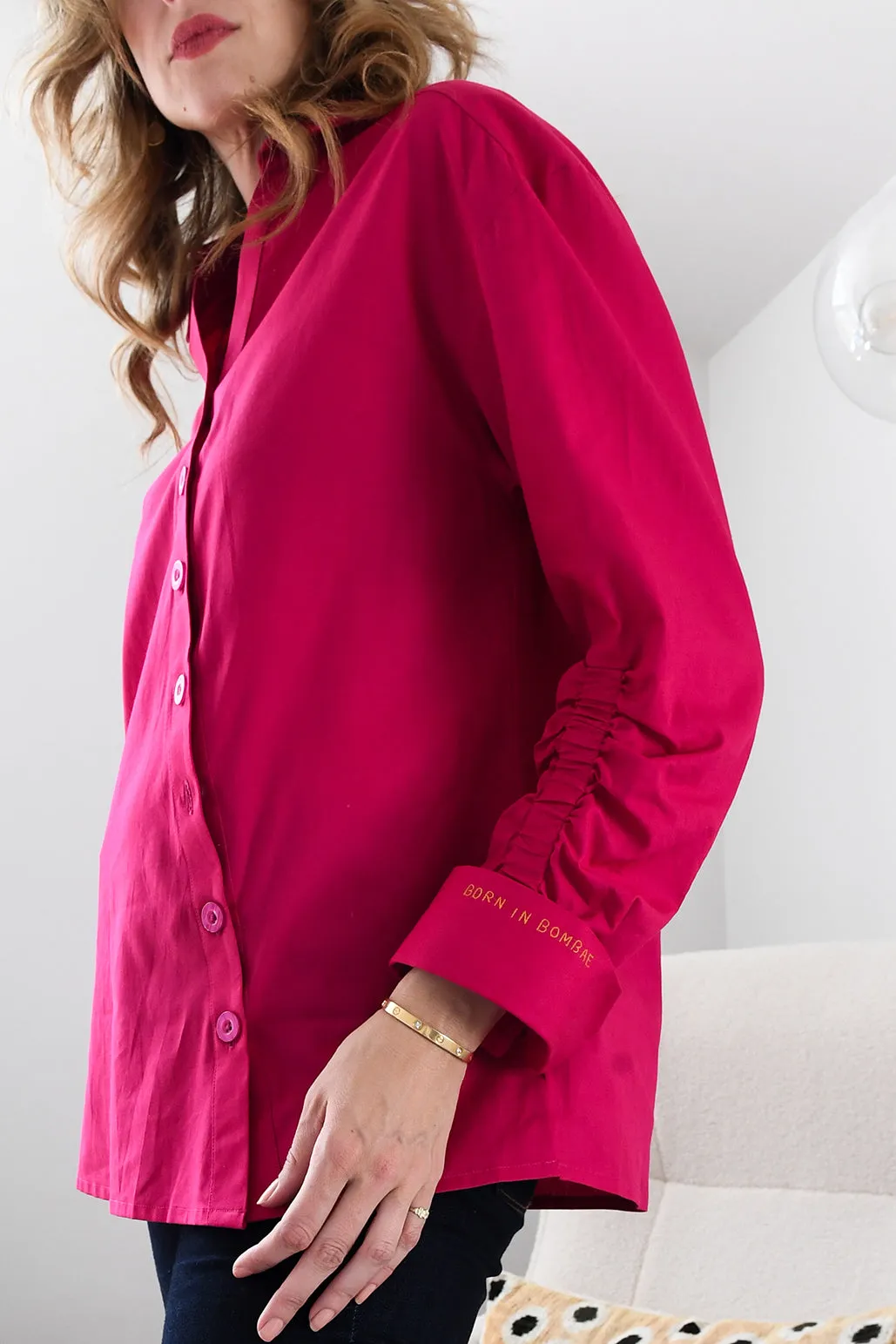 Hot Pink Poplin Ruched Shirt