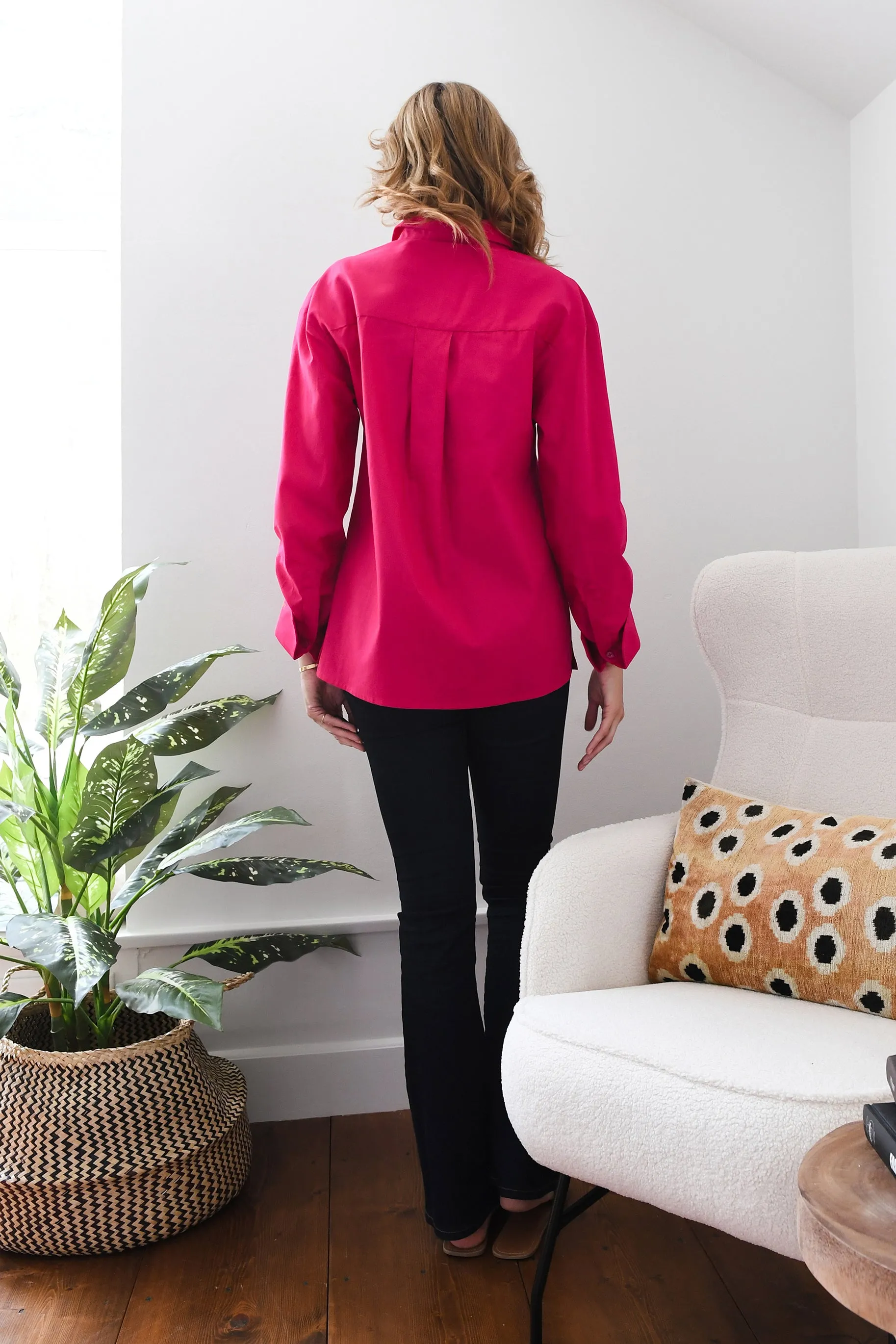 Hot Pink Poplin Ruched Shirt