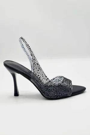 Kaia Diamante Embellished Heeled Sandals in Black