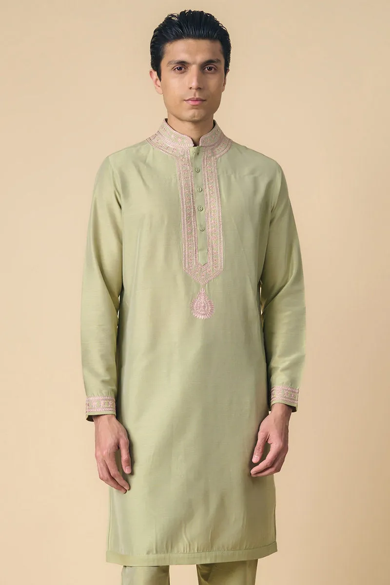 Light Green Kurta Set With Embroidered Collar and Placket