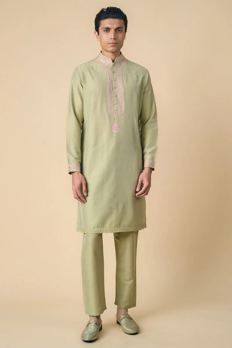 Light Green Kurta Set With Embroidered Collar and Placket