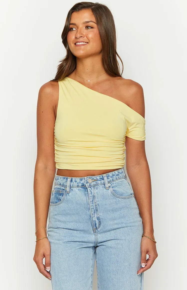 Limelight Drift Yellow Draped Off Shoulder Crop Top