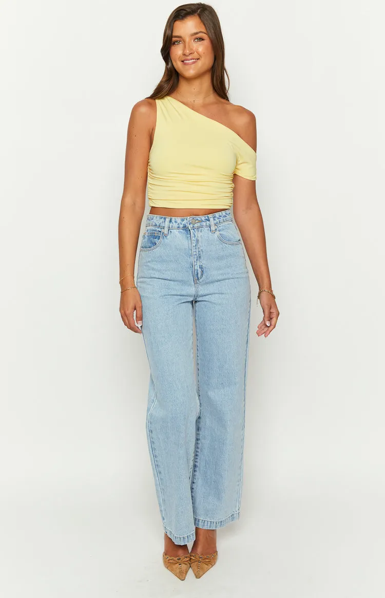 Limelight Drift Yellow Draped Off Shoulder Crop Top