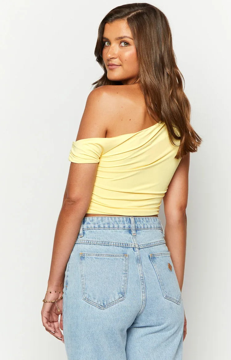 Limelight Drift Yellow Draped Off Shoulder Crop Top