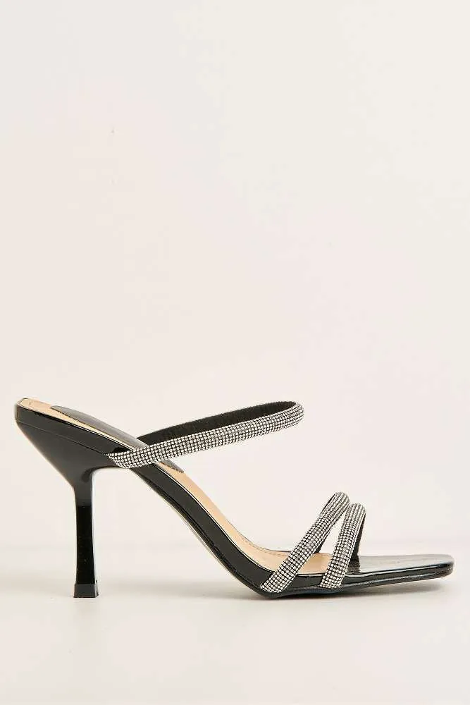 Meiria 3 Diamante Strap High Heel Mules in Black