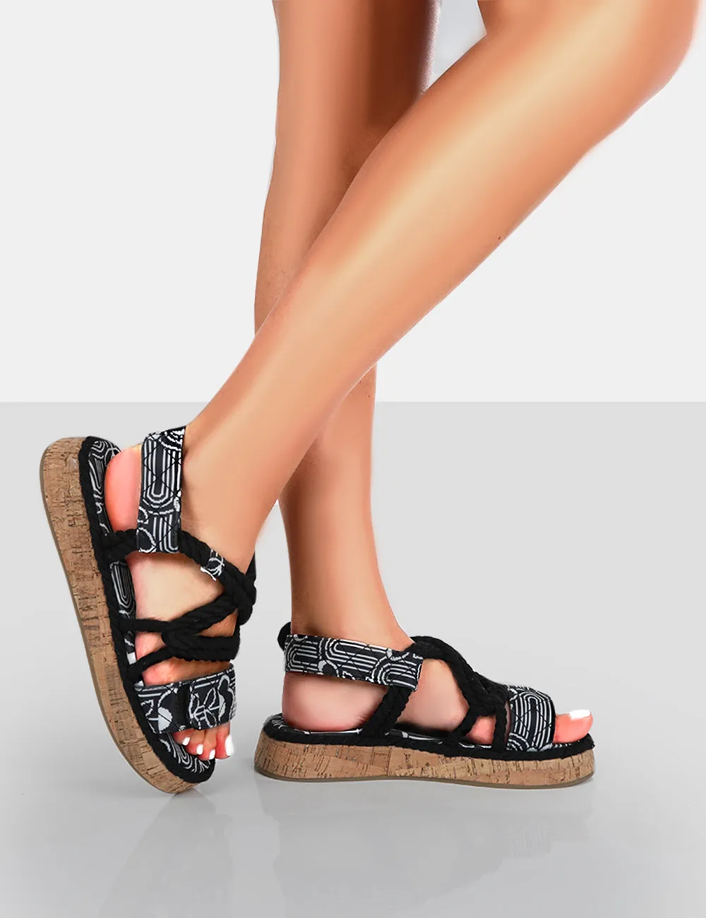 Miami Black Printed Rope Flatform Lace Up Sandals