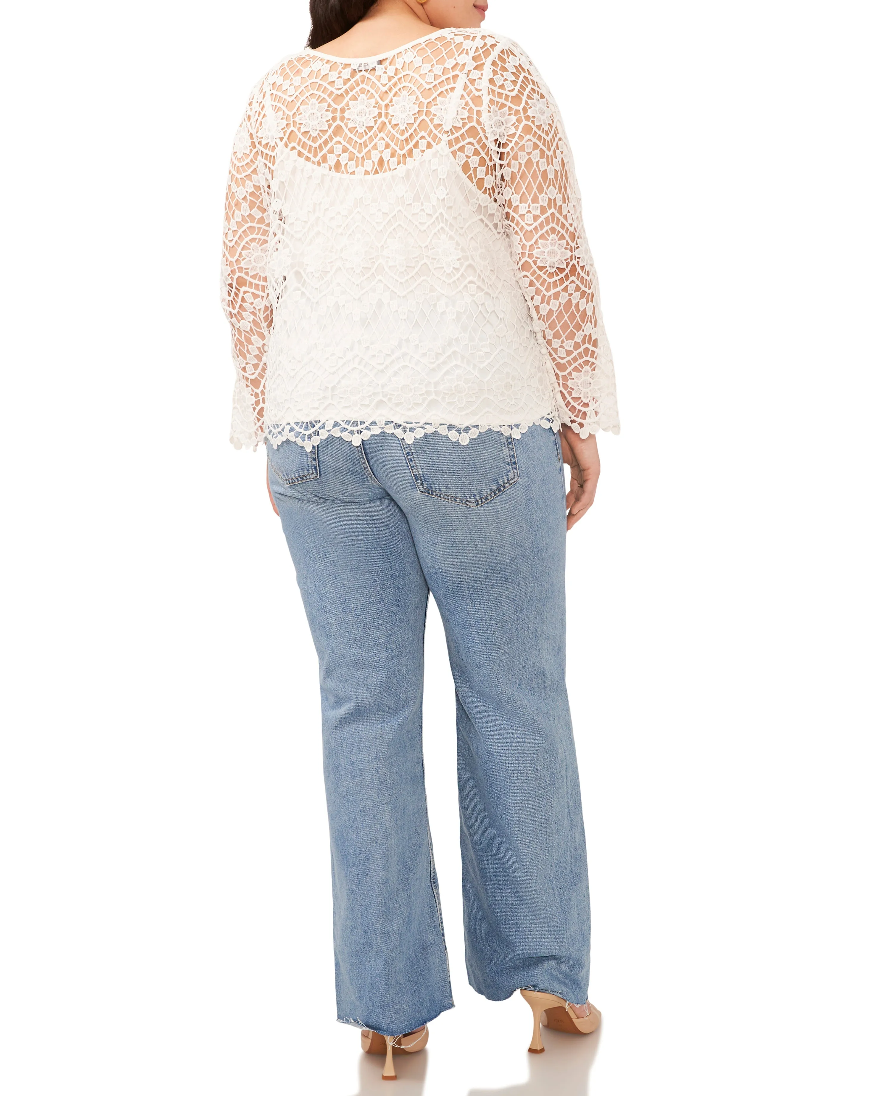 Plus-Size Open-Weave Floral Lace Cropped Blouse