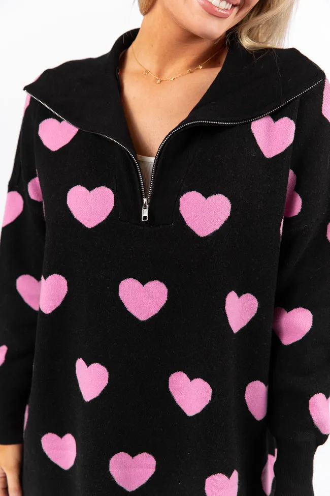 Pulling Heartstrings Black and Pink Heart Print Quarter Zip Pullover - Coming Soon