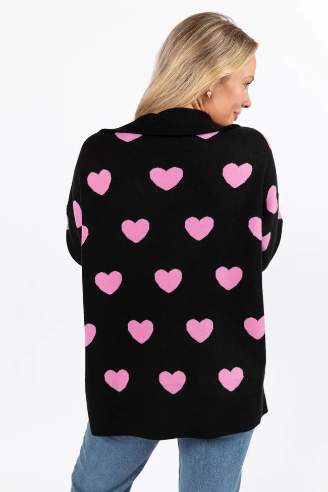 Pulling Heartstrings Black and Pink Heart Print Quarter Zip Pullover - Coming Soon