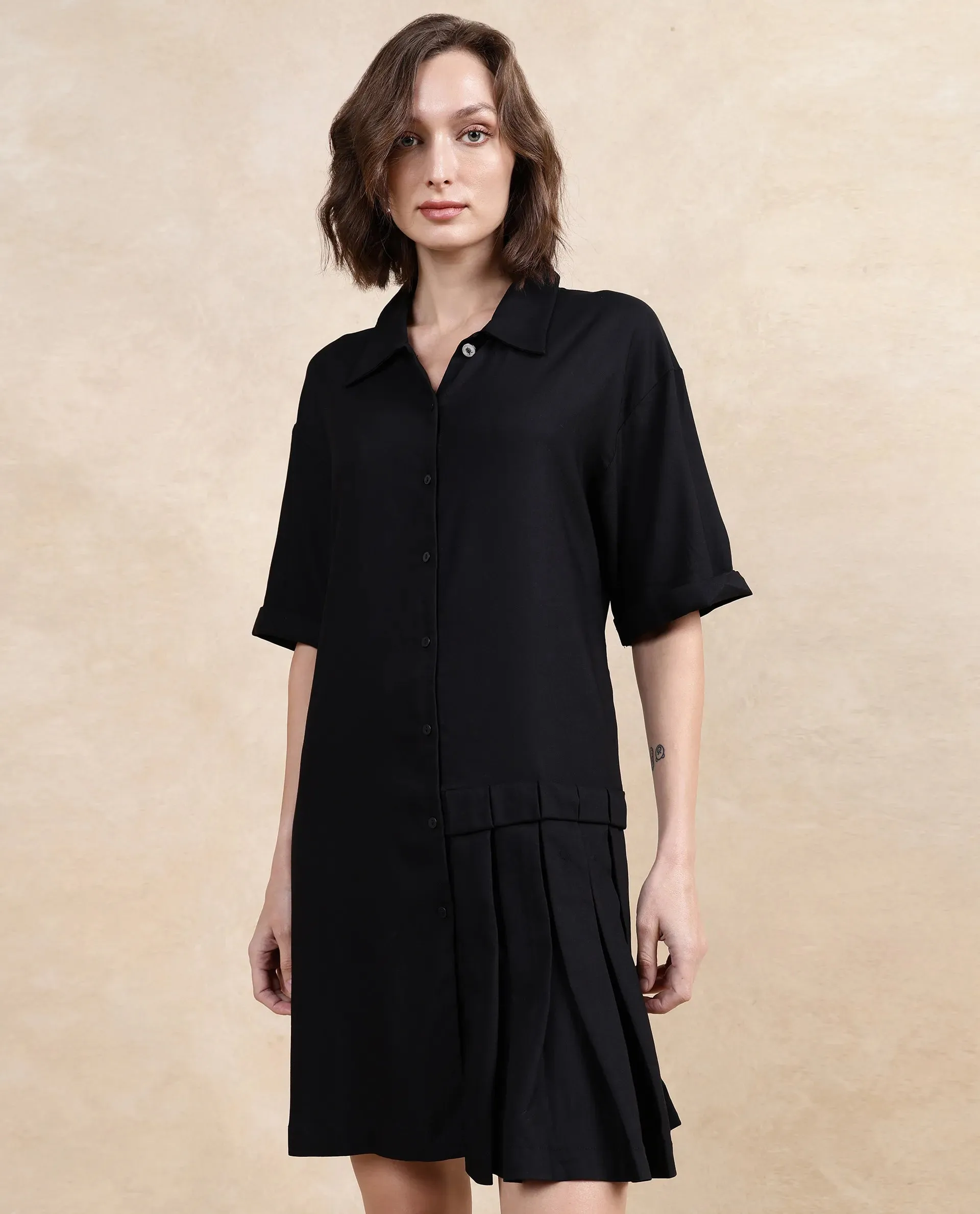 Rareism Women Dilijan Black Regular Sleeves Collared Neck Button Closure Asymmetric Knee Length Plain Dress