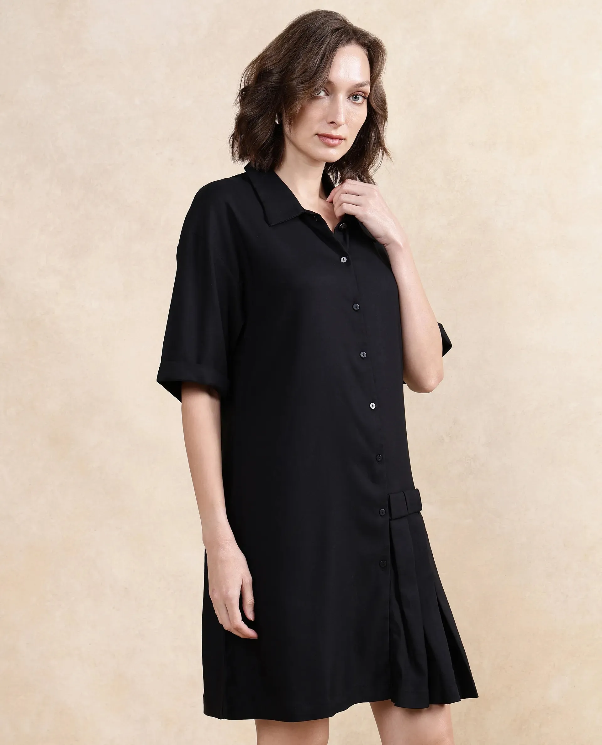 Rareism Women Dilijan Black Regular Sleeves Collared Neck Button Closure Asymmetric Knee Length Plain Dress