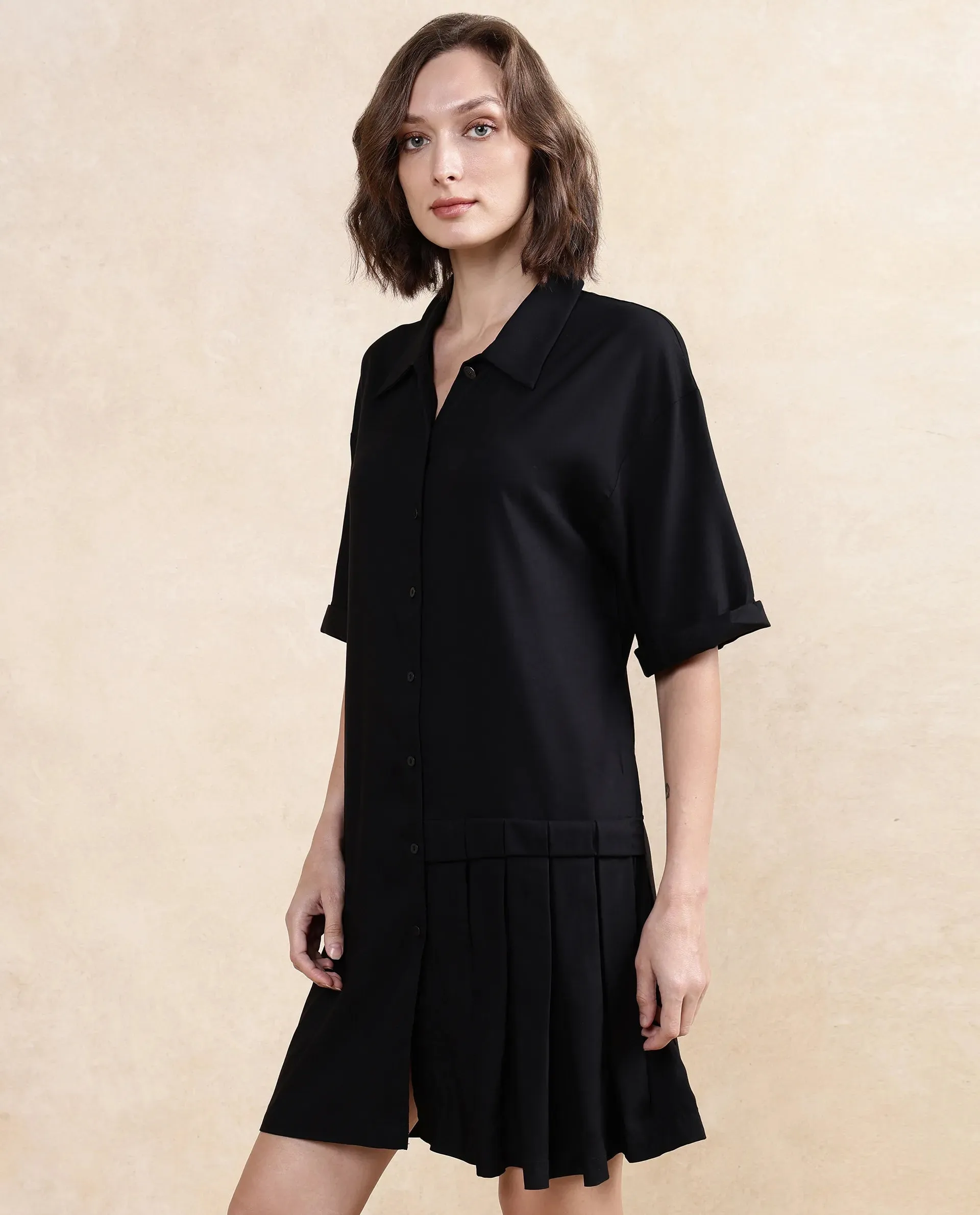 Rareism Women Dilijan Black Regular Sleeves Collared Neck Button Closure Asymmetric Knee Length Plain Dress