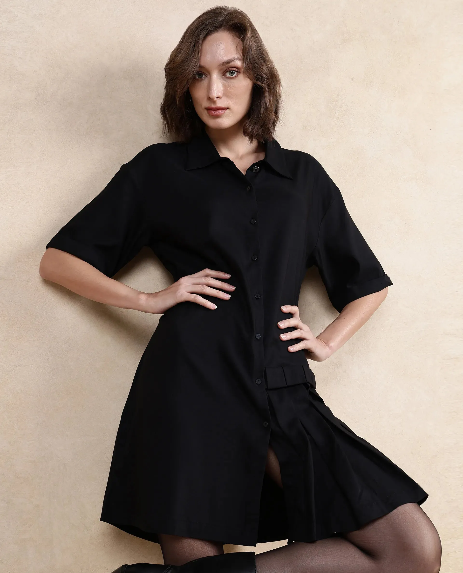 Rareism Women Dilijan Black Regular Sleeves Collared Neck Button Closure Asymmetric Knee Length Plain Dress