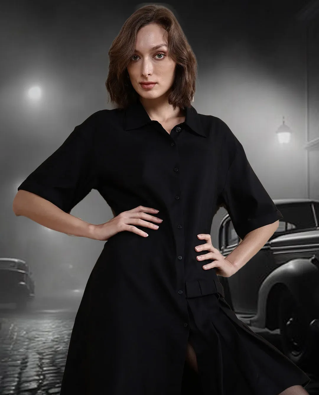 Rareism Women Dilijan Black Regular Sleeves Collared Neck Button Closure Asymmetric Knee Length Plain Dress