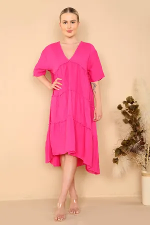 Short sleeve panel midi linen dress