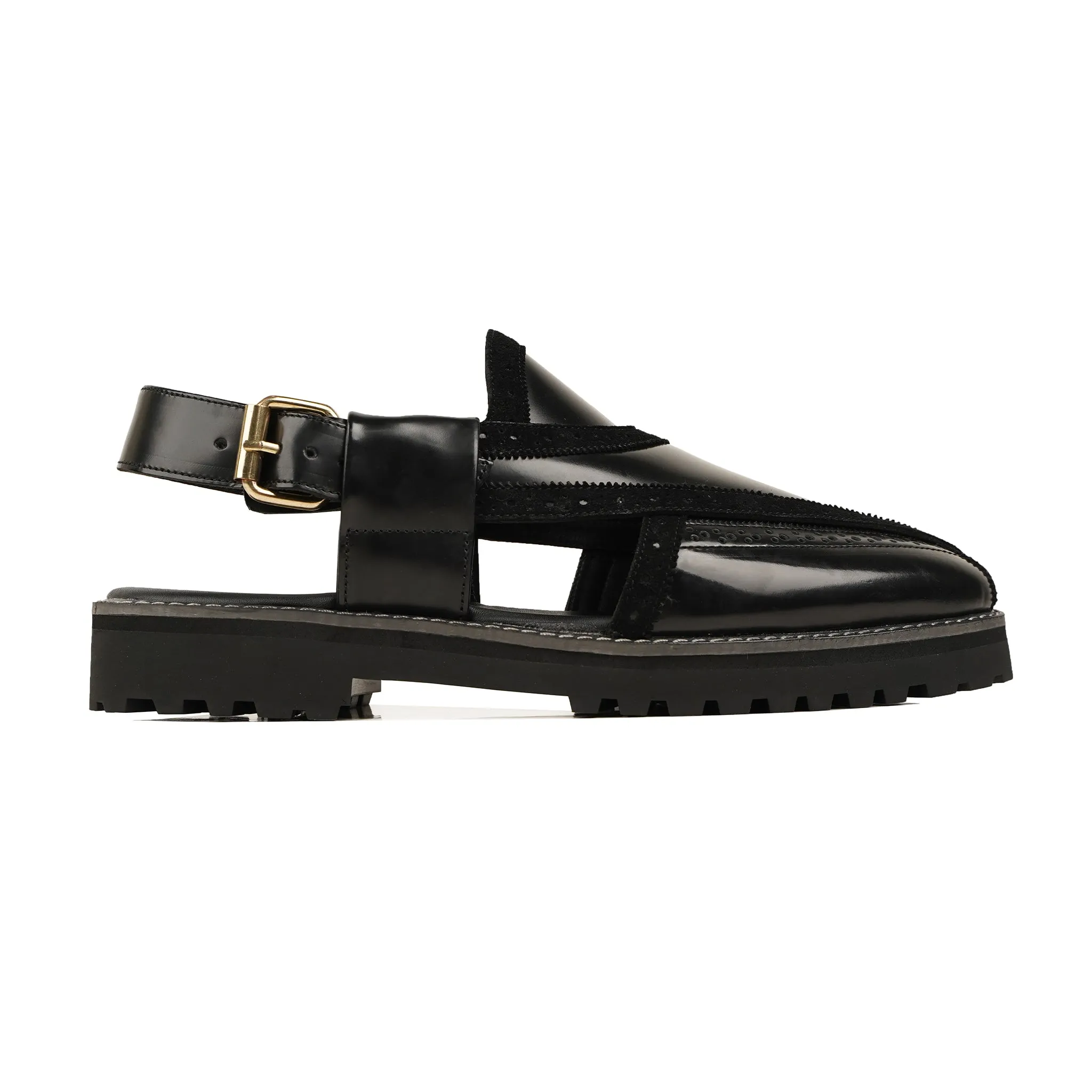 Soweto - Men's Black Box Leather High Shine and Kid Suede Sandal