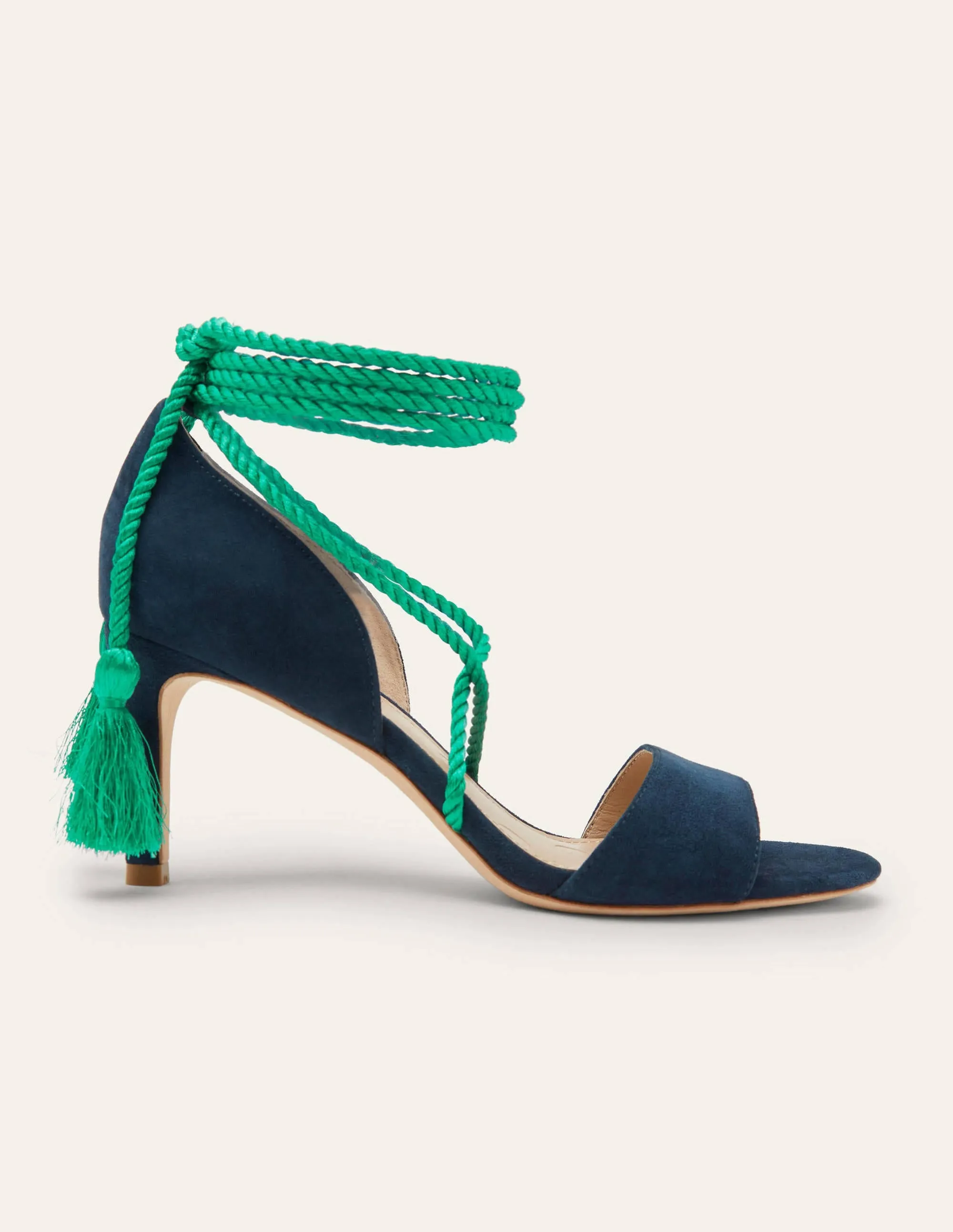 Suede Ankle Tie Heeled Sandals-Navy