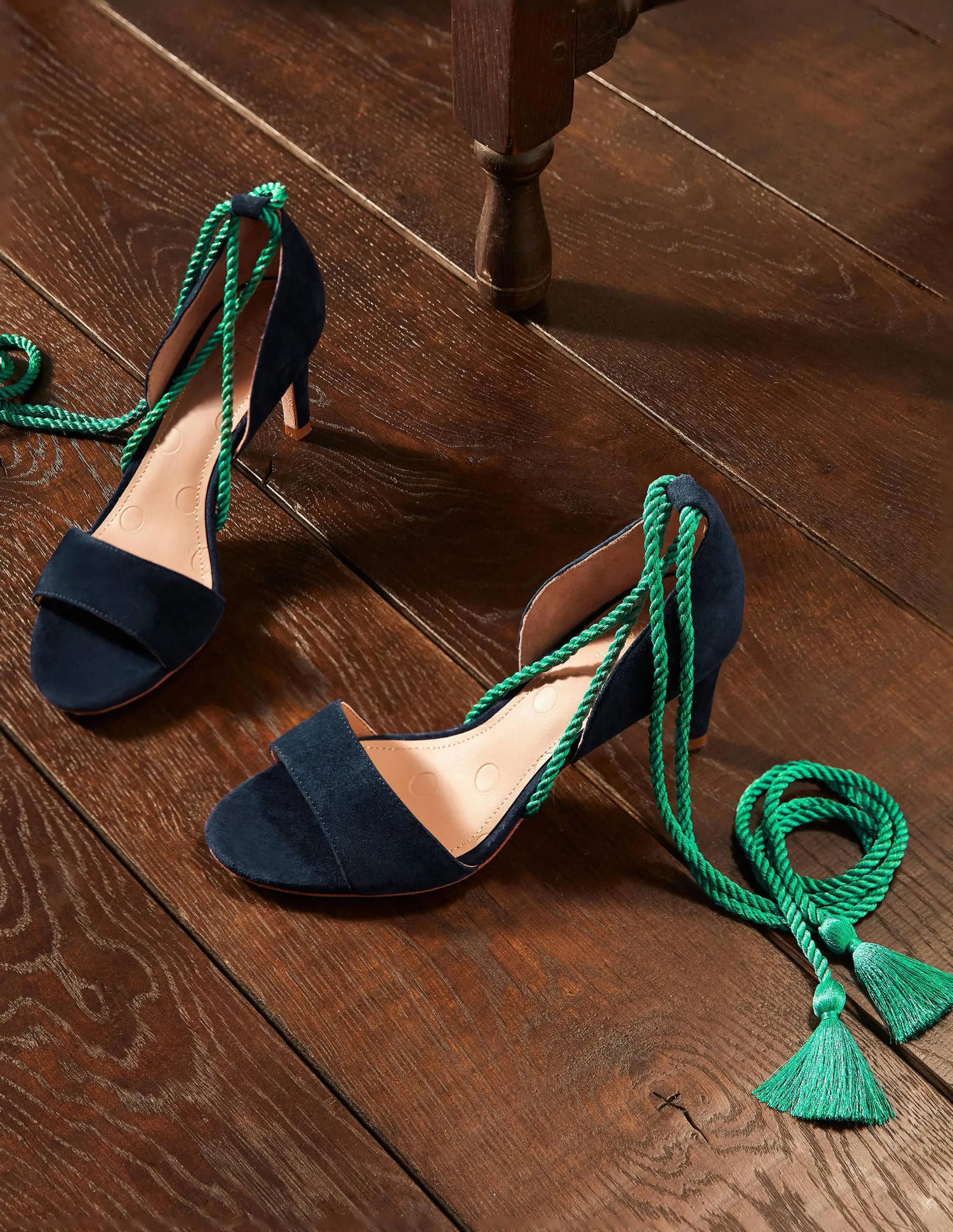 Suede Ankle Tie Heeled Sandals-Navy