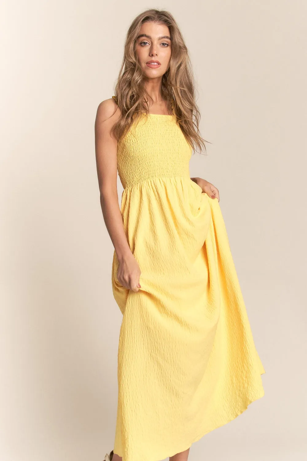 Texture Crisscross Back Tie Smocked Maxi Dress