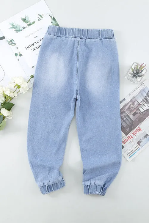 The Mini Girls Distressed Denim Joggers