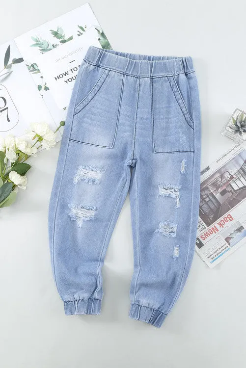 The Mini Girls Distressed Denim Joggers