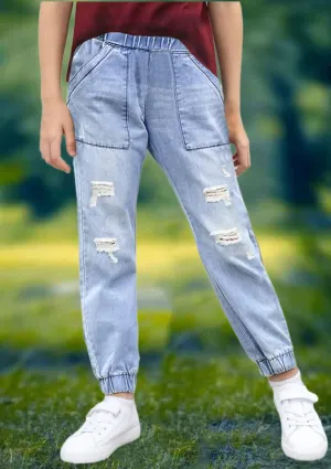 The Mini Girls Distressed Denim Joggers