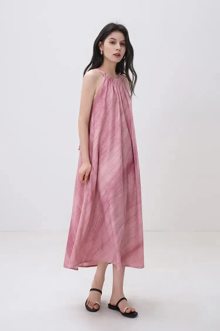 Tie-Dye Halter Neck Pink Maxi Dress