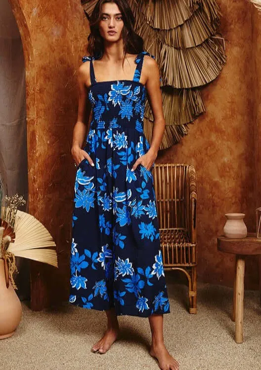 Tropical Blues Floral Print Jumpsuit Made in USA