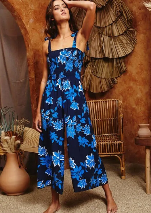 Tropical Blues Floral Print Jumpsuit Made in USA