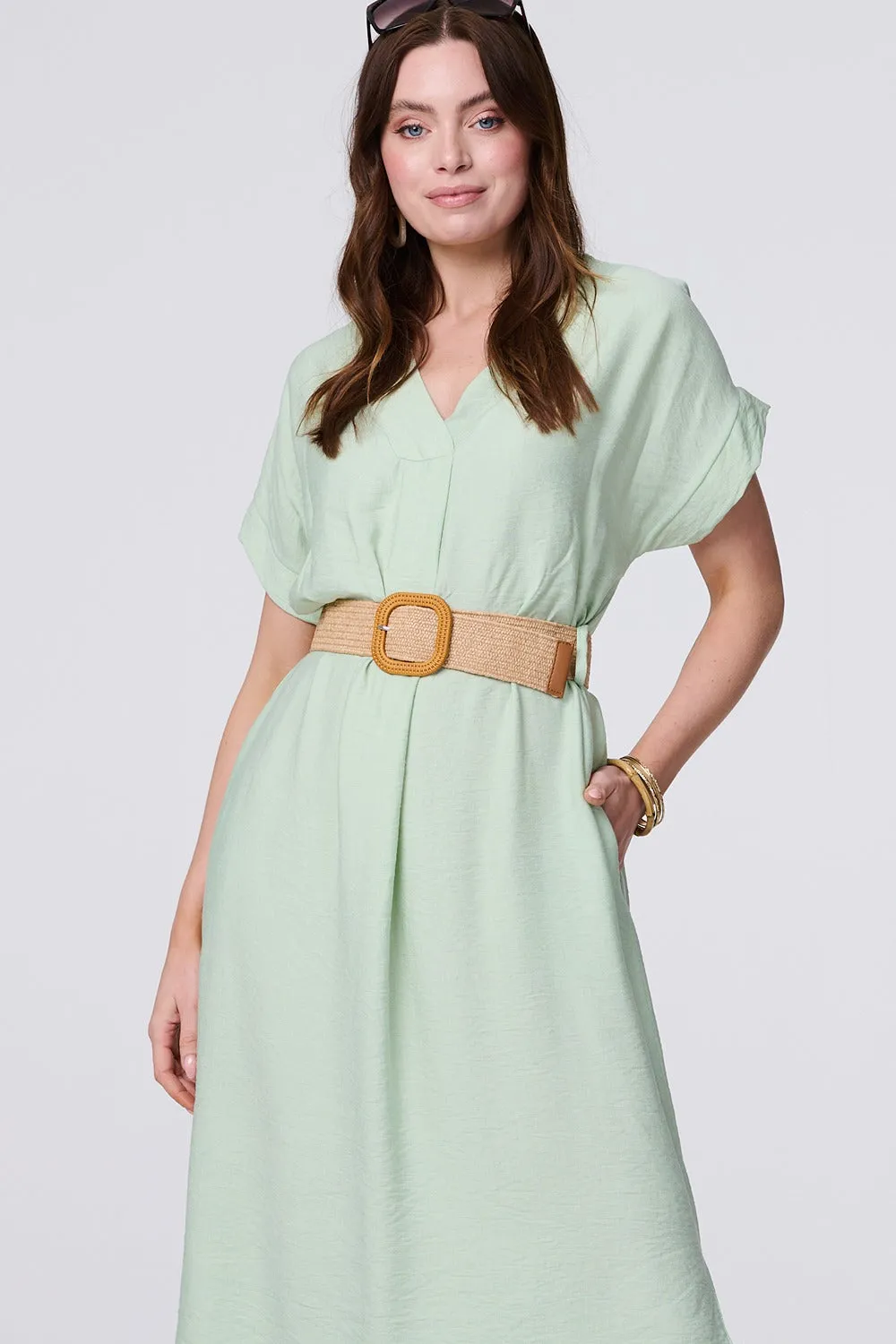 V-Neck Short Sleeve Belted Tunic Dress