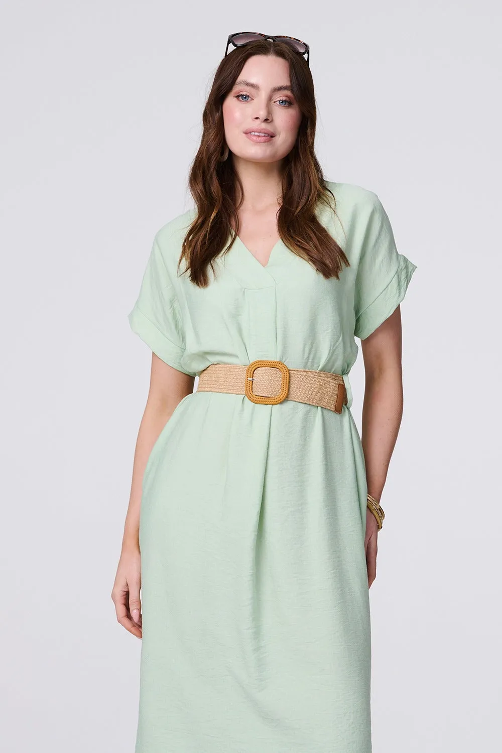 V-Neck Short Sleeve Belted Tunic Dress