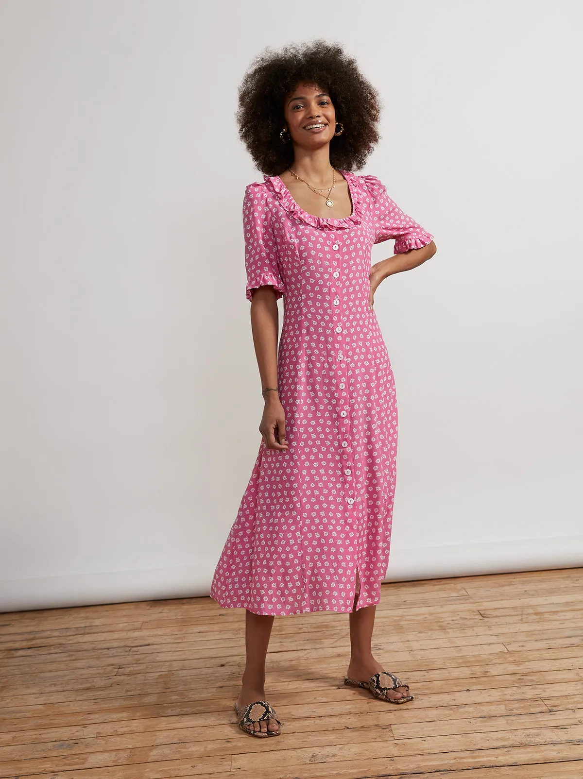 Violette Pink Ditsy Floral Midi Dress