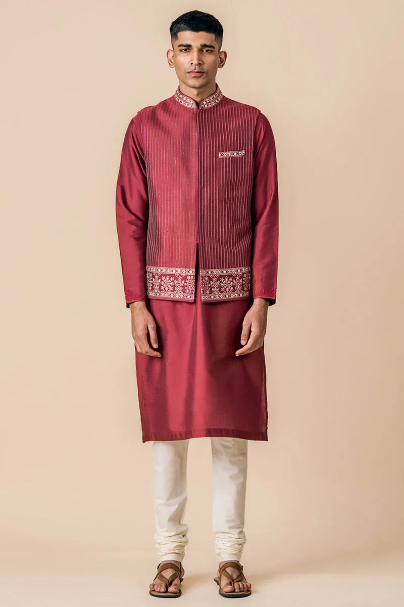 Wine All Over Zari Pintucked Kurta Bundi Set