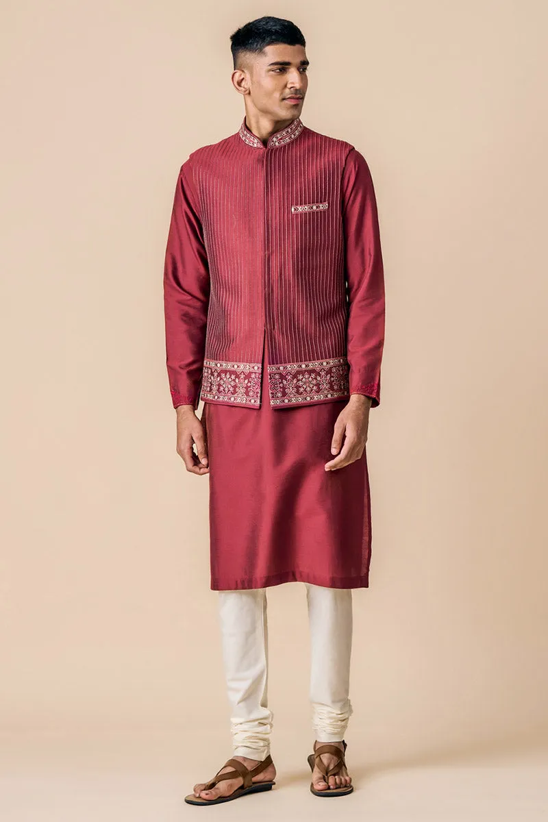 Wine All Over Zari Pintucked Kurta Bundi Set