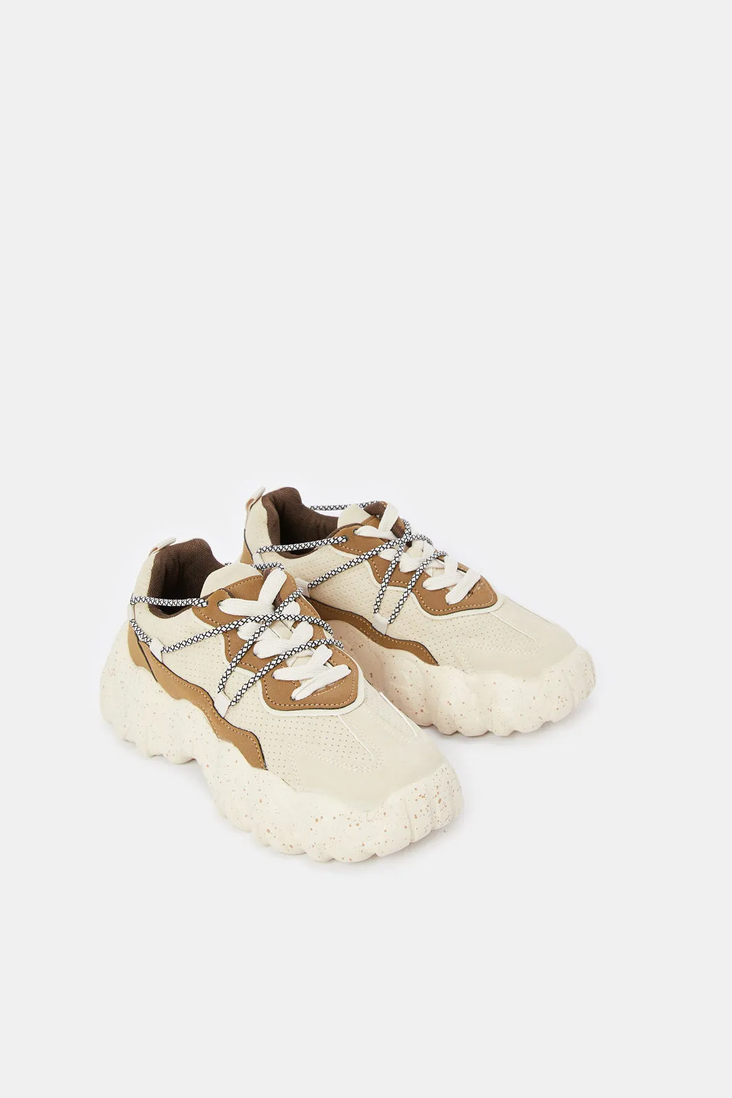 Women Beige Chunky Lace Up Sneaker