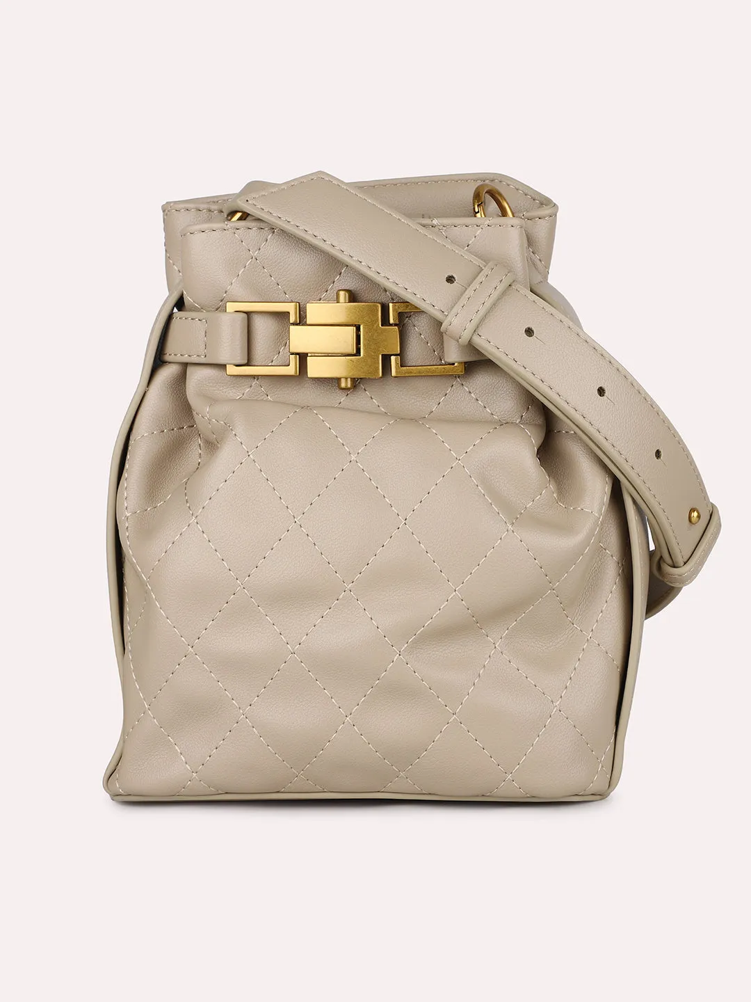 Women Beige Textured Quilted Textured Potli With Buckle Detail