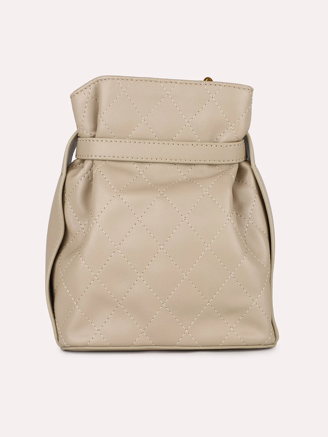 Women Beige Textured Quilted Textured Potli With Buckle Detail