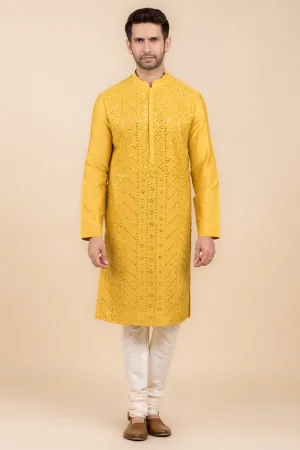 Yellow All Over Mirror Embroidered Kurta Set